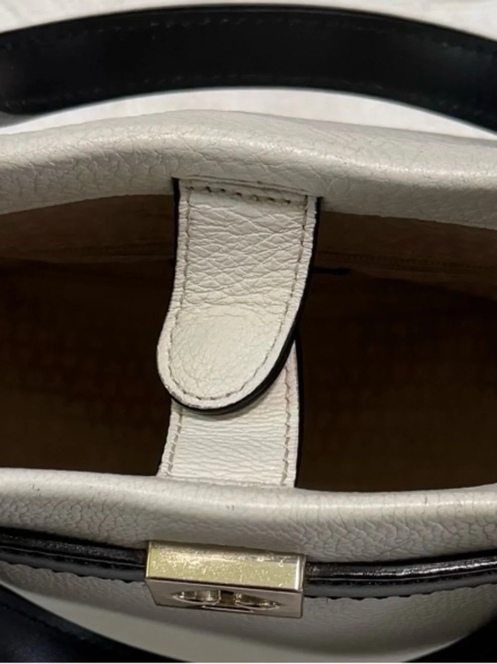 kate spade White, Black & Brown Leather Satchel with Spade Accent